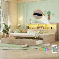 Muvano Schlafsofa, Daybett, Tagesbett, 140*200cm , Mit LED-Leuchten, Bettseitiges Staufach, Ausziehbares Bett, Steckdose + USB, Ohne Matratze, Natur