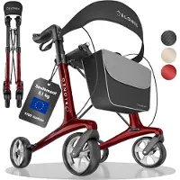 Aktiv shop GmbH ELONEO Carbon Rollator faltbar und leicht mit Sitz, Leichtgewicht-Reiserollator, ultraleicht, Rot - Größe M
