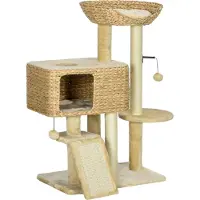 Youjia Katzen Kratzbaum 98 cm Katzenbaum mit 2 Leigefläche, Katzenkratzbaum Spielball für Katzen bis 6 kg, Katzenmöbel, Sisal, Beige