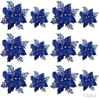 Crrynuo 12 künstliche Weihnachtsblumen, Weihnachtsbaumblumen, Christbaumschmuck, künstliche Weihnachtsblumen (Blau)