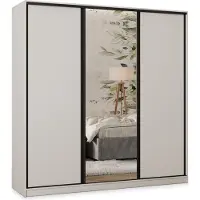 Masseno Schiebetürenschrank TARI 200/205/58 cm Kleiderschrank mit 4 Schubladen Schlafzimmer Schrank 3-türig mit Spiegel Weiß