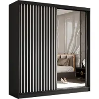 Masseno Schiebetürenschrank LAMELLO 200 cm Kleiderschrank Schlafzimmer Schrank 2-türig mit Spiegel und Lamellen Schwarz