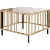 SUCCESS COURIER Polyrattan Gartentisch 65x65x43 cm – Quadratischer Beistelltisch mit Glasplatte, wetterfester Couchtisch für Balkon & Terrasse, Naturholz-Optik