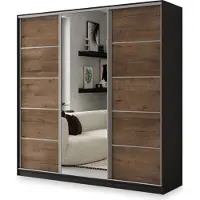 Masseno Schiebetürenschrank NATA 200/205/58 cm Kleiderschrank mit 4 Schubladen Schlafzimmer Schrank 3-türig mit Spiegel Schwarz / Eiche Lefkas