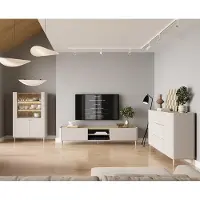 Lomadox Wohnzimmer Set in Beige mit Eiche, mit 220 cm Lowboard, Kommode & Vitrine inkl. Beleuchtung, 3-teilig - ELOY-141