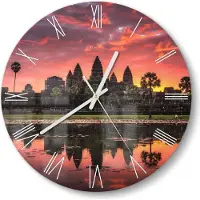 DEQORI Glasuhr Ø30 cm Römisch 'Angkor Wat in Morgenröte' Wanduhr Glas Uhr Design leise