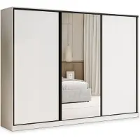Masseno Schiebetürenschrank TARI 270/205/58 cm Kleiderschrank mit 4 Schubladen Schlafzimmer Schrank 3-türig mit Spiegel Weiß