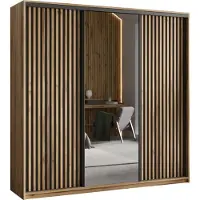 Masseno Schiebetürenschrank ORRA 200/205/60 cm Kleiderschrank mit Spiegel und Lamellen, 4 Schubladen Schlafzimmer Schrank 3-türig Eiche Wotan + Schwarz