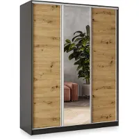 Masseno Schiebetürenschrank SORE 160/205/58 cm Kleiderschrank mit 4 Schubladen Schlafzimmer Schrank 3-türig mit Spiegel Schwarz / Eiche Artisan