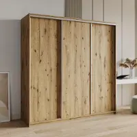 Masseno Schiebetürenschrank NISSE 180/205/60 cm Kleiderschrank mit 4 Schubladen Schlafzimmer Schrank 3-türig Eiche Artisan