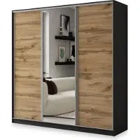 Masseno Schiebetürenschrank SORE 200/205/58 cm Kleiderschrank mit 4 Schubladen Schlafzimmer Schrank 3-türig mit Spiegel Schwarz / Eiche Wotan