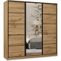 Masseno Schiebetürenschrank PINA 180/205/58 cm Kleiderschrank mit 4 Schubladen Schlafzimmer Schrank 3-türig mit Spiegel Eiche Wotan