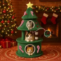 StarTech.com Kletterbaum für Katzen - Kratzbaum mit Haus - Weihnachtsbaum-Design - 2 Ebenen - Kratzsäulen - Spielball - Holz - Hellgrün