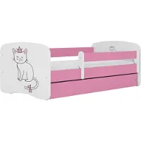 WFL GROUP Kinderbett Rosa 70x140 80x160 80x180 cm – mit Matratze, Rausfallschutz und Schublade – Jugendbett für Mädchen – Stabil und Sicher – Katze – 140x70 cm