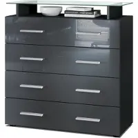 Vladon Sideboard Pavos V2, Kommode mit 4 Schubladen und Glasablage, Schwarz matt/Grau Hochglanz (76 x 81 x 35 cm)