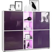 Vladon Highboard Cuba V3, Germany, Weiß matt/Brombeer Hochglanz inkl. LED - Moderne Anrichte mit 12 Fächern (130,5 x 105,5 x 35,5 cm)
