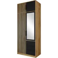 Mirjan 24 Kleiderschrank Tytus Lux D2 mit Schrankaufsatz, Garderobe mit 5 Drehtüren und 3 Schubladen, Aluminumgriffe, Kleiderstange, Frontspiegel (Farbe: Eiche Wotan / Schwarz + Eiche Wotan)