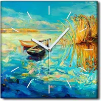 Coloray Uhr auf Leinwand 30x30 cm Wand Uhr Dekoration Wohnzimmer Segeltuch weiße Zeiger -Lake Bootslandschaft.