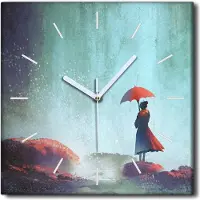 Coloray Uhr auf Leinwand 30x30 cm Wand Uhr Dekoration Wohnzimmer Segeltuch weiße Zeiger -Frau Regenschirm Wasserfall