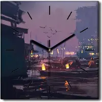 Coloray Uhr auf Leinwand 30x30 cm Wand Uhr Dekoration Wohnzimmer Segeltuch schwarze Hände -Boot Hafenstadt Nacht