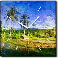 Coloray Uhr auf Leinwand 30x30 cm Wand Uhr Dekoration Wohnzimmer Segeltuch weiße Zeiger -Palm Village Tropics.