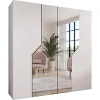 MEBLE KRYSPOL Schrank 200x202x52 cm mit Kleiderstange & Spiegel, 4xTür, ANDREW, Weiß, Griff Gold