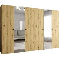 MEBLE KRYSPOL Schrank 300x202x52 cm mit Kleiderstange & Spiegel, 6xTür, PARMA, Artisan-Eiche, Griff Schwarz