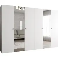 MEBLE KRYSPOL Schrank 300x202x52 cm mit Kleiderstange & Spiegel, 6xTür, PARMA, Weiß, Griff Schwarz