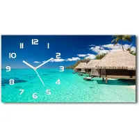 Tulup Wanduhr aus Glas – 60x30 cm - Glasbild - Glasuhr - Gehärtetes Glas - weisse-zeiger - Bungalow über dem Wasser
