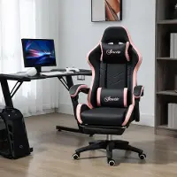 SUGIFT Bürostuhl Gamingstuhl mit Kopfstütze und Lendenstütze, Schreibtischstuhl Racing-Style, Kunstleder, Schwarz+Rosa | 65 x 65 x 129 cm | 15 kg