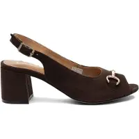 MACIEJKA Peeptoe-Sandalen aus braunem Naturveloursleder mit goldenem Trensen-Detail, 6 cm Absatz