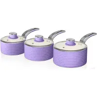 Swan SWPS3020PURN Retro Kochtopf Set 3 Stielkasserolle 16 18 20cm Induktion, Antihaft, Glasdeckel Lila