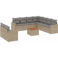 vidaXL 10-tlg. Garten-Sofagarnitur mit Kissen Beige Poly Rattan