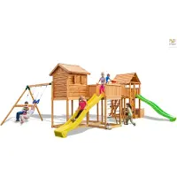 Fungoo Spielturm "Maxi Set Play Box My Side Fortress Toybox Rainbow Move+" teak mit 2x Rutschen, 2x Spieltürmen, Verbindungsbrücke, Trapez, Leiter, Kletterseil und Kletterwand