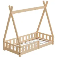 HAGO HAGO24 Kinderbett 140x70cm Natur Tipi Bettgestell Holzhaus Zeltoptik Rausfallschutz Lattenrost Kiefernholz Dekorierbar Montessori Stil Spielbett
