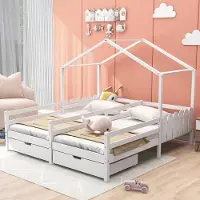 Fortuna Lai Hausbett 90x200 cm mit 2 Schubladen, für 2 Kinder Doppelbett, Vielseitiges Holz Baumhausbett für Mädchen & Jungen, Stabil Spielbett Gitterbett mit Rausfallschutz und Lattenrost, Weiß