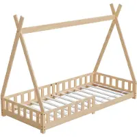 HAGO HAGO24 Kinderbett 200x90cm Natur Tipi Bettgestell Holzhaus Zeltoptik Rausfallschutz Lattenrost Kiefernholz Dekorierbar Montessori Stil Spielbett