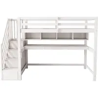 Xdovet Hausbett mit Großen Schreibtisch Stauraumtreppe und Regalen Hochbett aus Kiefernholz Kinderbett Einzelbett 90*200cm Weiß