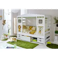 Aileenstore Hausbett Hochbett Spielbett Massivholz Kiefer Weiss Safari, Bettkasten:Marlies