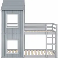 Xdovet Etagenbett mit Leiter & Baldachin Massivholz Kinderbett Hausbett Jugendbett für Mädchen und Jungen 90*200cm Grau