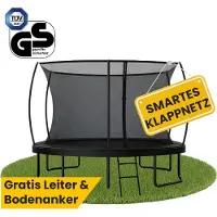 Zero Gravity Trampolin 305x213 cm inkl. Leiter & 4 Bodenanker / Schneller Auf- und Abbau dank smartem Klappnetz / Max. 100 kg / Ultima 5 Black-Edition