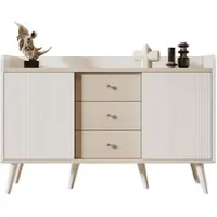 OKWISH Sideboard 118x40x79 cm Weiß+Holz mit 2 Schiebetüren 3 Schubladen verstellbaren Regalen, MDF Korpus, Massivholzbeine, Anti Kipp Set