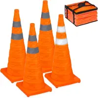 Relaxdays Pylonen, 4er Set, faltbar, Reflektor-Streifen, Leitkegel mit Tasche, HxBxT: 70 x 29 x 29 cm, Faltkegel, orange