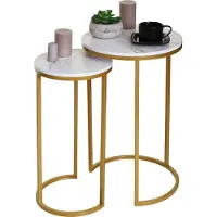 MCW 2er-Set Beistelltisch MCW-K46, Kaffeetisch Nachttisch Loungetisch, Marmor-Optik MDF weiß-gold