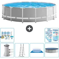 Intex Round Prism Frame Swimming Pool – 457 x 122 cm – Grau – inklusive Pumpe – Leiter – Bodenplane – Abdeckung Wartungspaket - Filter