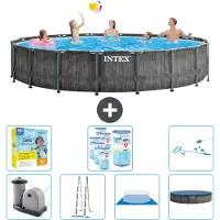 Intex Round Prism Frame Greywood-Schwimmbecken – 549 x 122 cm – inklusive Pumpe – Leiter – Bodenplane – Abdeckung Wartungspaket - Filter - Reinigungskit
