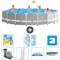 Intex Round Prism Frame Swimming Pool – 610 x 132 cm – Grau – inklusive Pumpe – Leiter – Bodenplane – Abdeckung Wartungspaket - Filter - Bodenfliesen