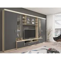 Mirjan 24 Wohnwand Paris, TV-Möbel, Anbauwand, Schrankwand, Wohnzimmer-Set (Sonoma Eiche / Graphit, mit weißer LED Beleuchtung)