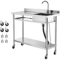 SucceBuy Spültisch aus Edelstahl (1200 x 500 x 1055 mm), Einzelbecken mit Wasserhahn und Rollen, Küchenspüle für Garage, Restaurant und Wäscherei, Außenspüle mit Arbeitsfläche (links)