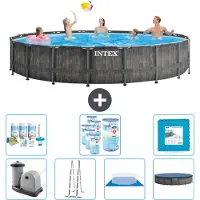 Intex Round Prism Frame Greywood-Schwimmbecken – 549 x 122 cm – inklusive Pumpe – Leiter – Bodenplane – Abdeckung Wartungspaket - Filter - Bodenfliesen